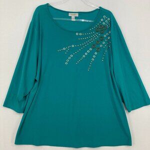 Dressbarn size 3X Blue Teal Embellished Artsy Stretch Knit 3/4 Sleeve Blouse
